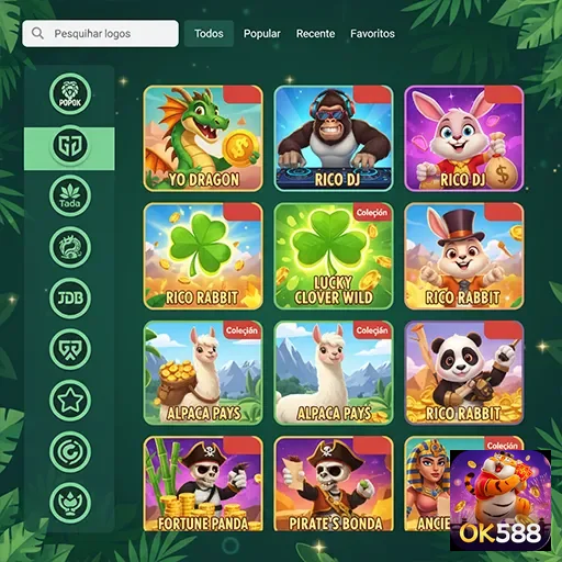 Interface do aplicativo ok588 com games de slots disponíveis.