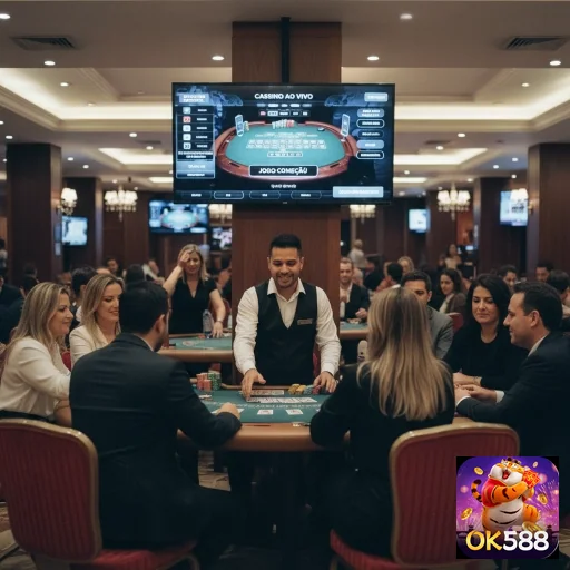 Cenário de cassino ao vivo do site ok588, com mesa de jogo.
