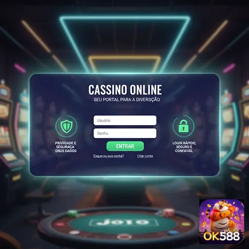 Tela de login do cassino online ok588 com slots ao fundo.