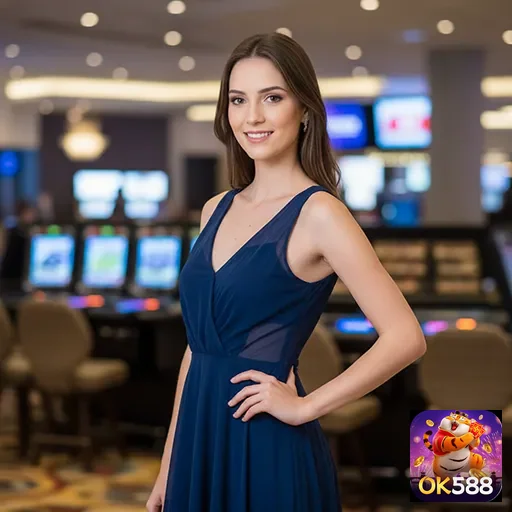 Modelo apresentando serviços VIP da ok588 em cassino.