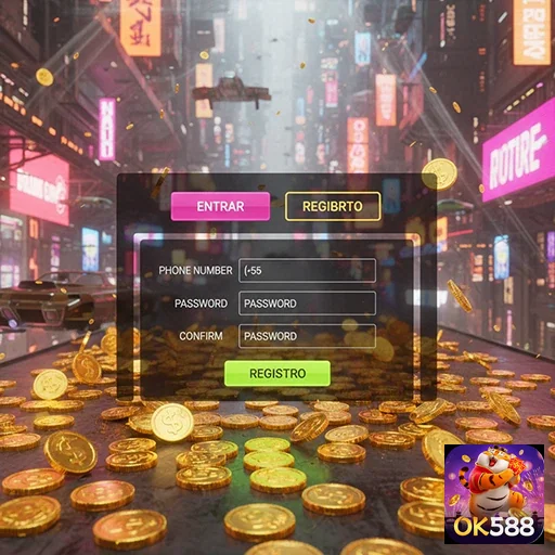 Tela de login mobile da ok588 com elementos visuais atrativos.