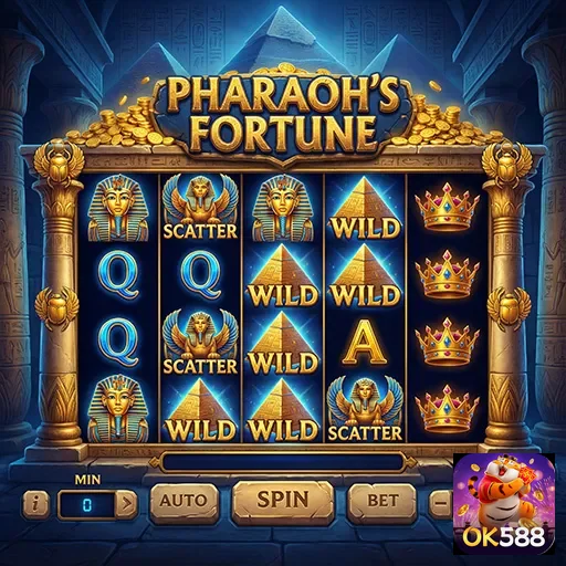 Tela do jogo Pharaoh's Fortune no site ok588 mostrando recursos VIP.