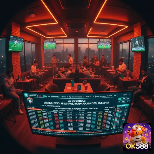 Ambiente de jogo no ok588 com telões e mesas confortáveis.