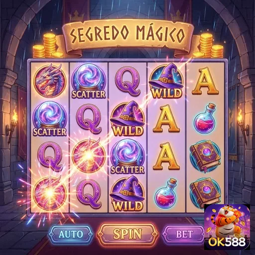 Interface de jogo mostrando o slot Segredo Mágico da ok588.