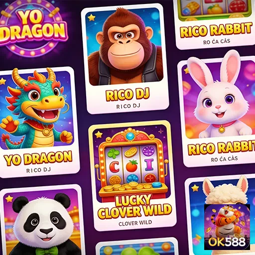 Interface do aplicativo da ok588 com jogos e personagens vibrantes.