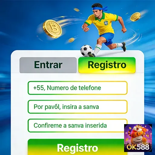Tela de registro do aplicativo OK588 com jogador de futebol.